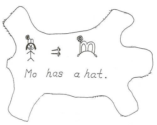 Animal skin with writing:  Mo has a hat.